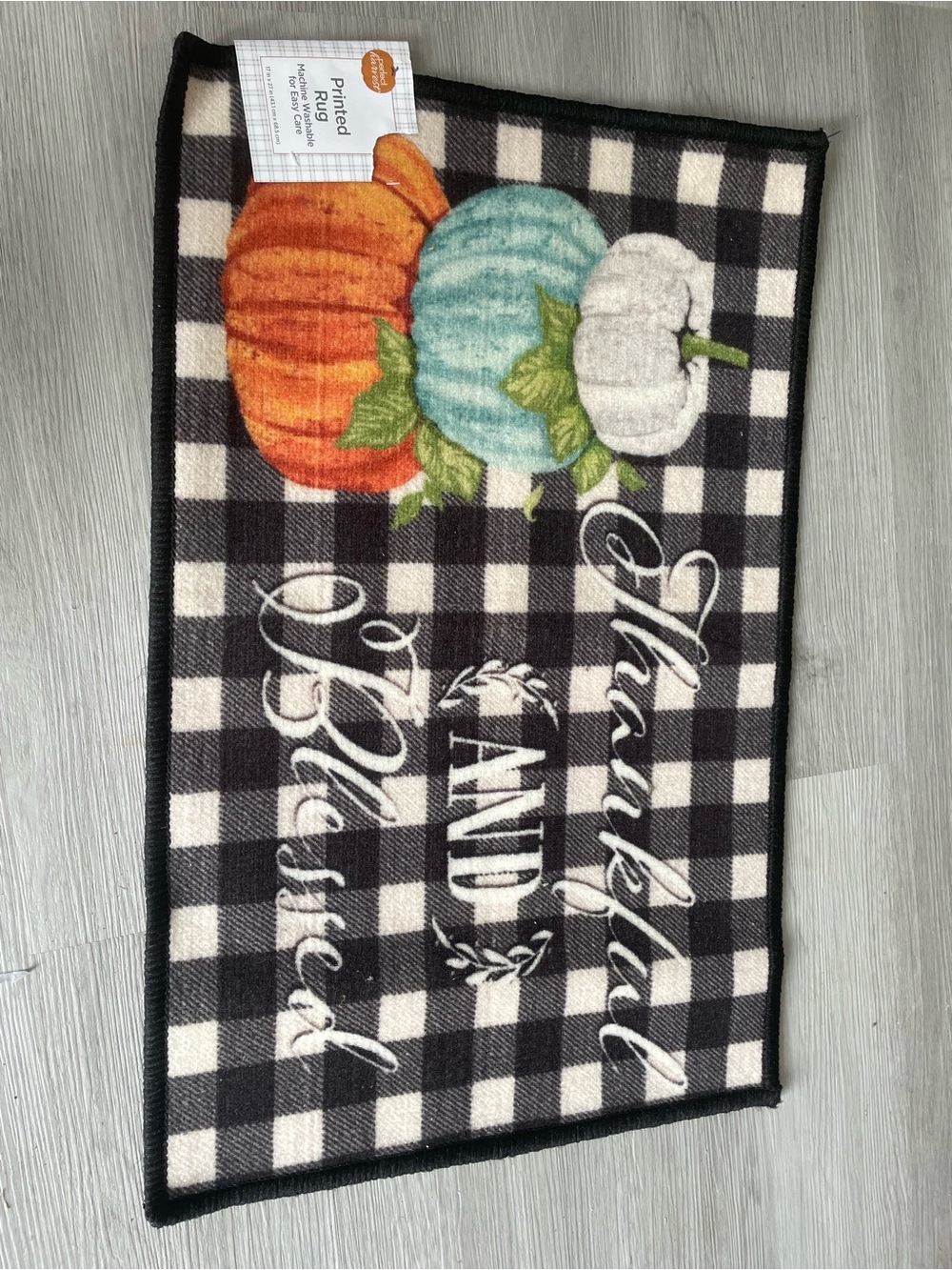 Printed Harvest Pumpkins Checkerboard Door Mat - Black, Orange, Teal, White